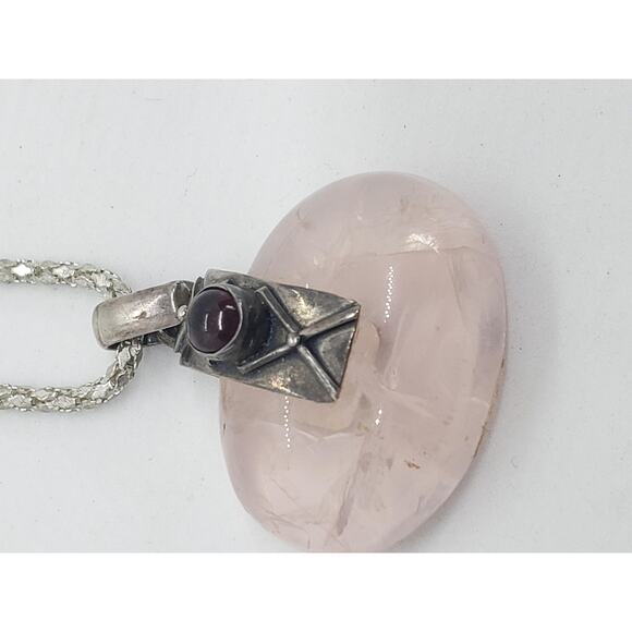 Sterling Silver 925 Rose Quartz & Garnet Cabochon Necklace On Snake Chain - Picture 4 of 13